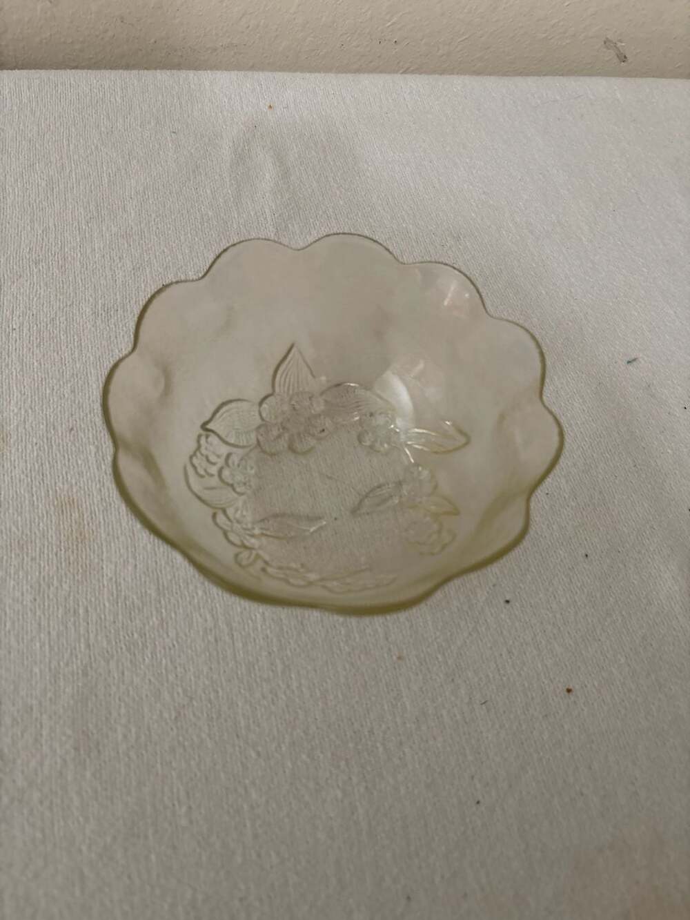 Vintage KIG Indonesia Floral Embossed Scalloped Glass Small Bowl